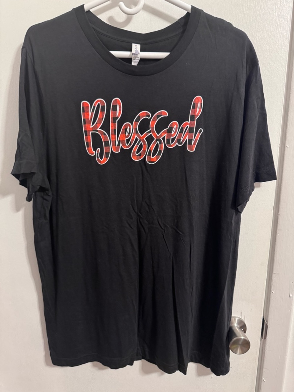 New without Tags Black Tee with Red Plaid "Blessed" Script